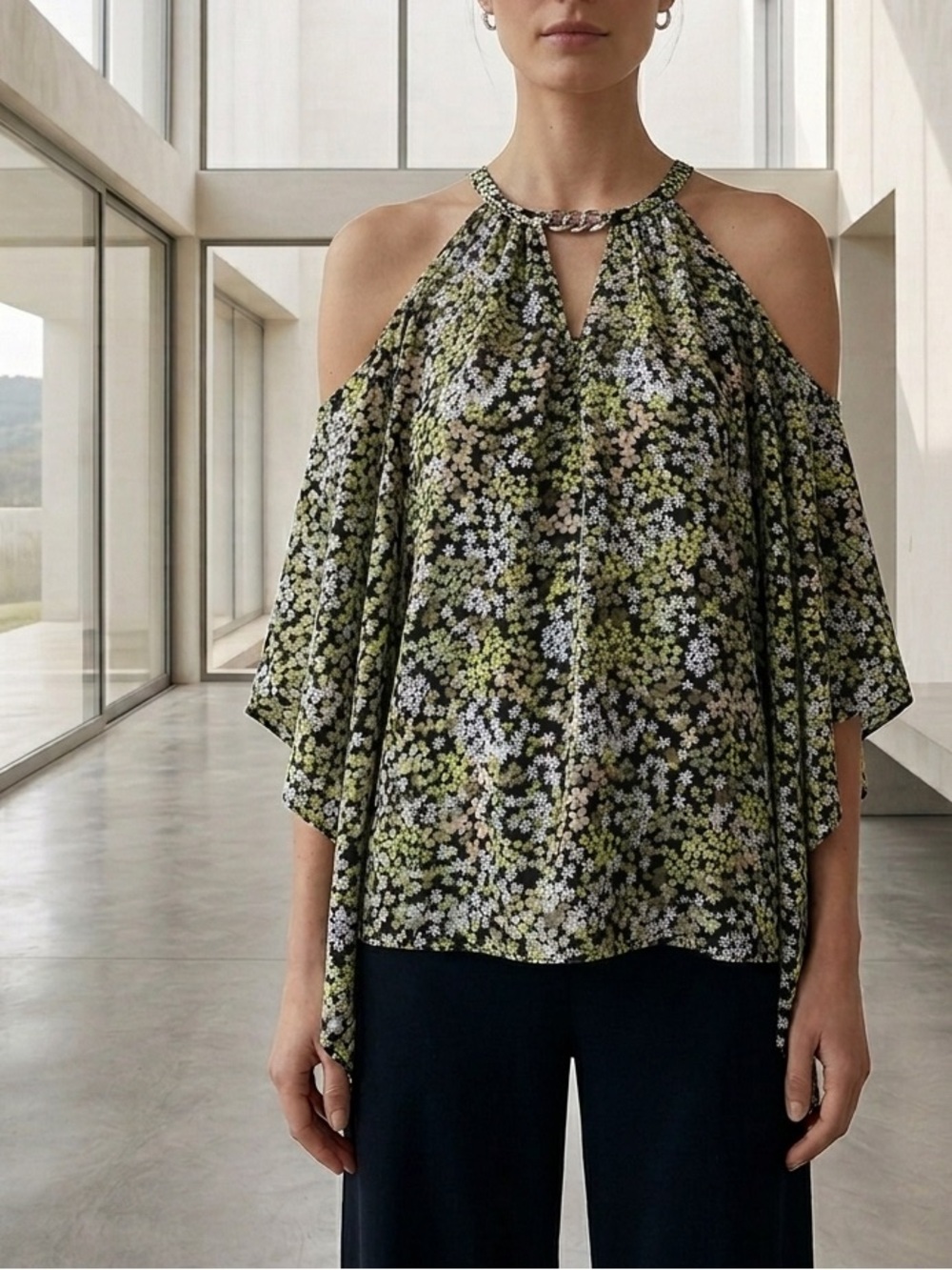 Michael Kors Black Floral Cold-Shoulder Halter Top